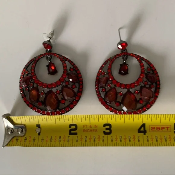 Vintage Red Jeweled Hoop Earrings Drop Rhinestones Stud Top Pierced Ears - Picture 5 of 15